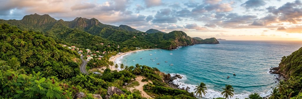 Baie turquoise et village au pied des montagnes